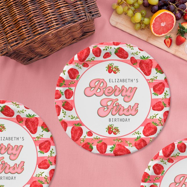 Modern Pink White Strawberry Birthday Berry First Paper Plates (Creator Uploaded)