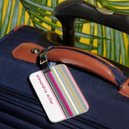 Modern Pink White Stripe Monogram Luggage Tag