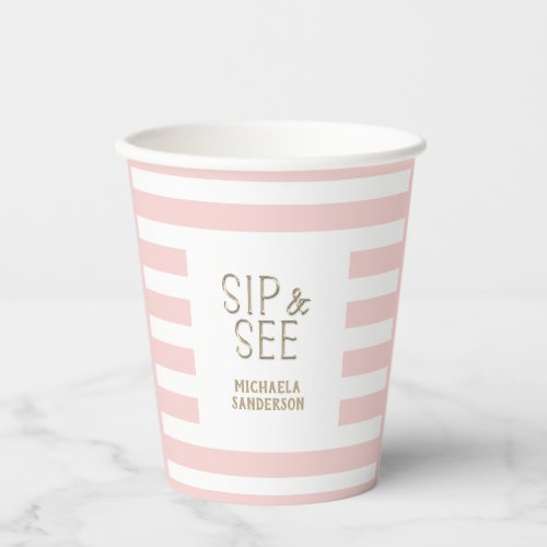 Modern Pink White Striped Baby Girl Sip and See   Paper Cups