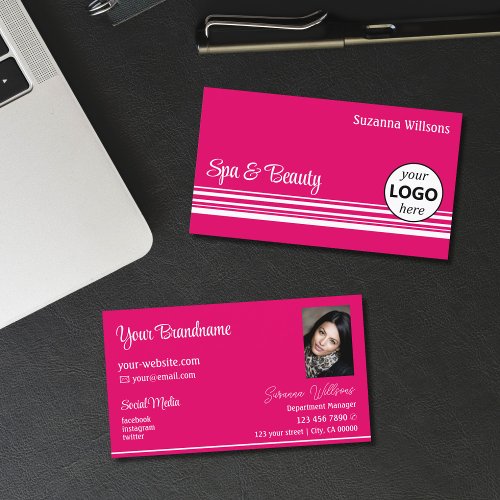 Modern Pink White Stripes Chic with Logo and Photo Business Card