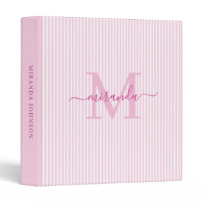 Modern Pink & White Stripes Monogram Name 3 Ring Binder