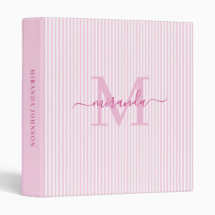 Modern Pink & White Stripes Monogram Name 3 Ring Binder