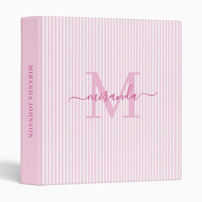 Modern Pink & White Stripes Monogram Name 3 Ring Binder (Front/Spine)