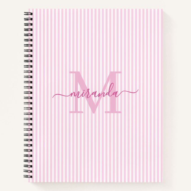 Modern Pink & White Stripes Monogram Name Notebook (Front)