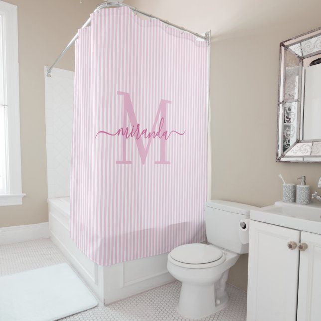 Modern Pink & White Stripes Monogram Name Shower Curtain (In Situ)