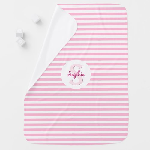 Modern Pink White Stripes Monogram Warm Cozy Soft Baby Blanket