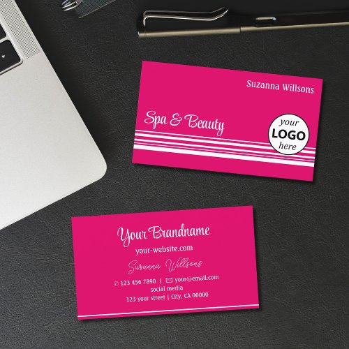 Modern Pink White Stripes with Logo Professional Business Card