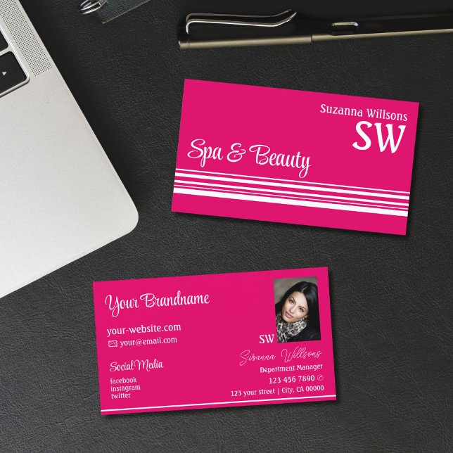 Modern Pink White Stripes with Monogram and Photo Business Card (Creator Uploaded)