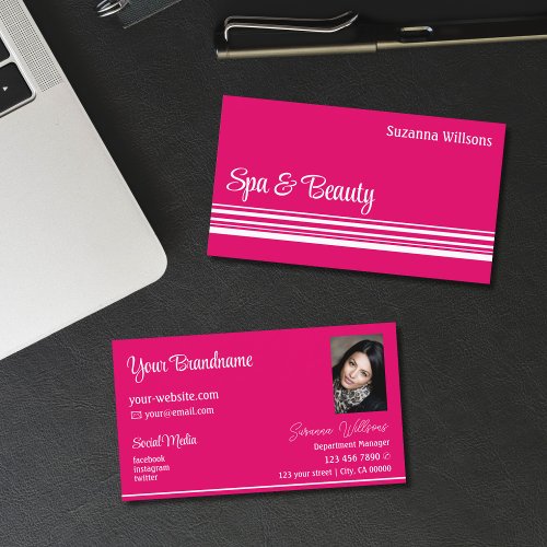 Modern Pink White Stripes with Photo Professional Business Card