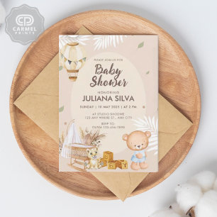 Modern Pink White Teddy Bear Floral Design Invitation