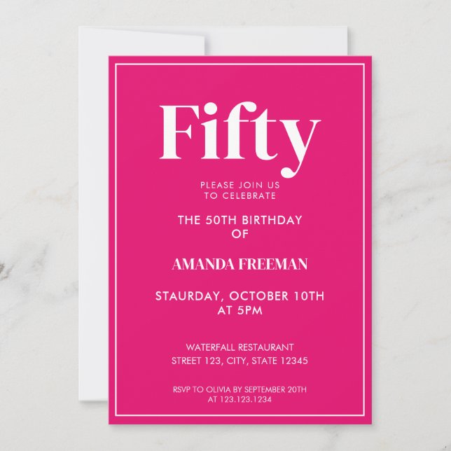Modern Pink & White Typography 50th Birthday Invitation (Front)