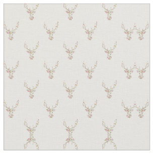 Modern Pink White Vintage Floral Deer Head Fabric