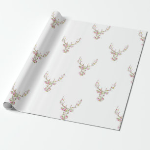 Modern Pink White Vintage Floral Deer Head Wrapping Paper