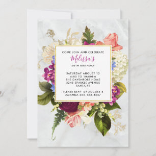 Modern Pink & White Watercolor Floral Birthday Invitation