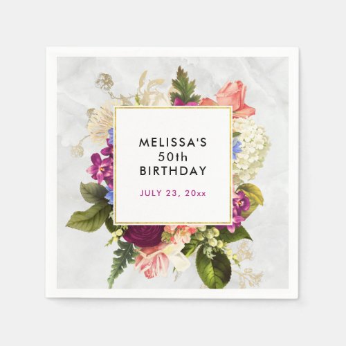 Modern Pink  White Watercolor Floral Birthday Napkins