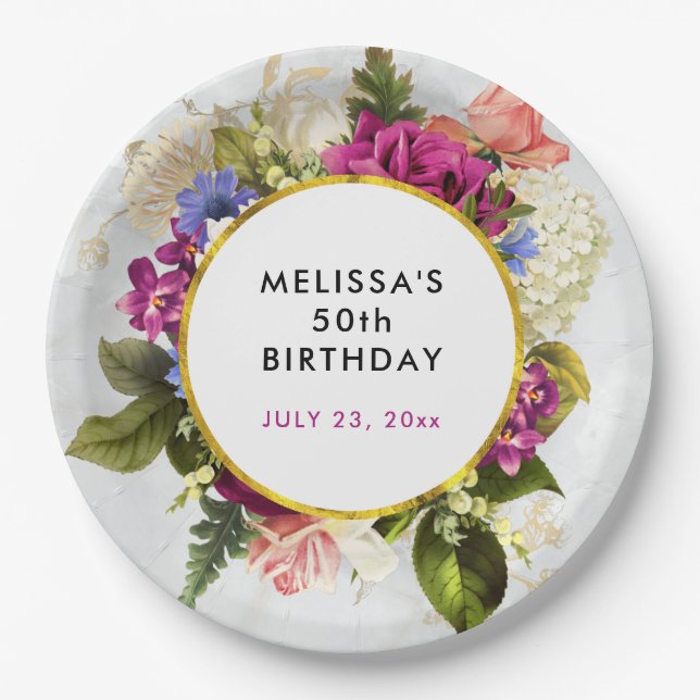 Modern Pink & White Watercolor Floral Birthday Paper Plates (Front)