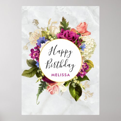 Modern Pink  White Watercolor Floral Birthday Poster