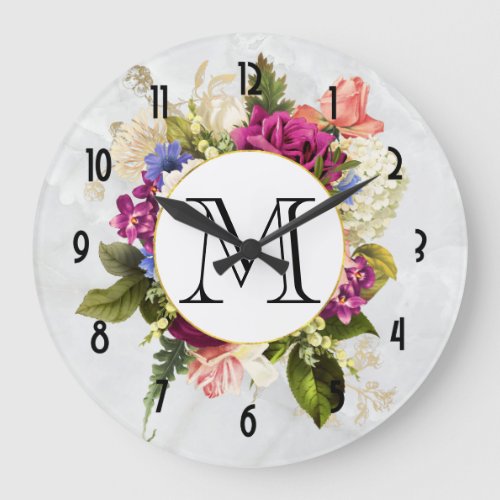 Modern Pink  White Watercolor Floral Bouquet Large Clock