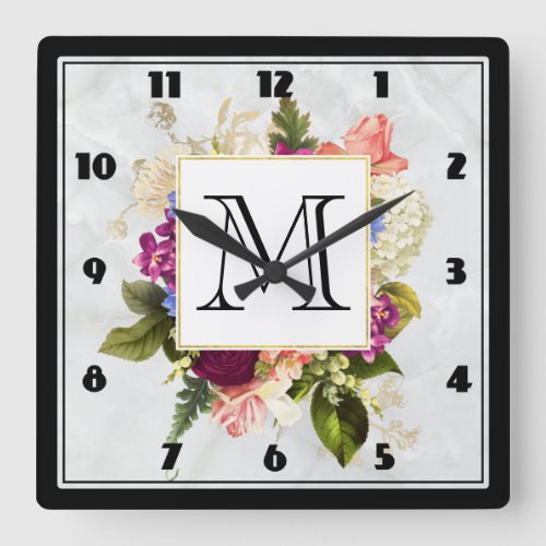 Modern Pink  White Watercolor Floral Bouquet Square Wall Clock