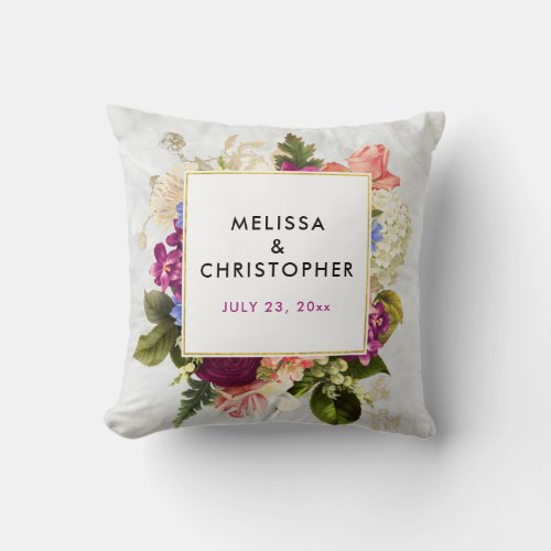 Modern Pink  White Watercolor Floral Bouquet Throw Pillow