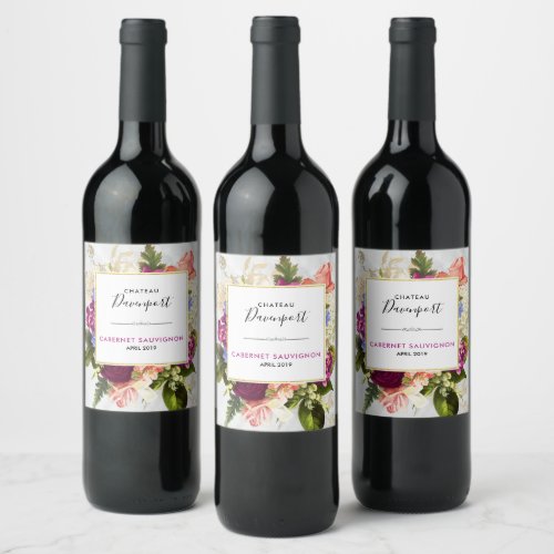 Modern Pink  White Watercolor Floral Bouquet Wine Label