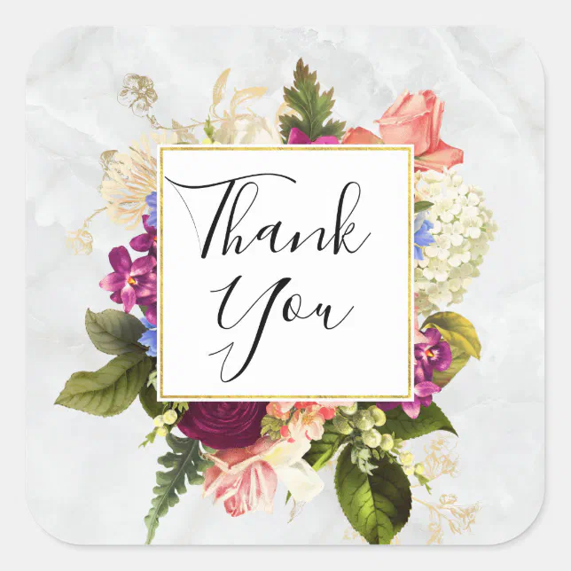 Modern Pink & White Watercolor Floral Thank You Square Sticker | Zazzle