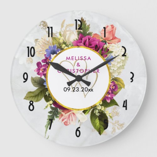 Modern Pink  White Watercolor Floral Wedding Large Clock
