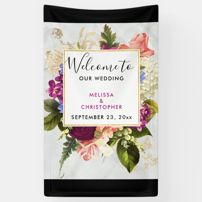 Modern Pink & White Watercolor Florals Wedding Banner (Vertical)