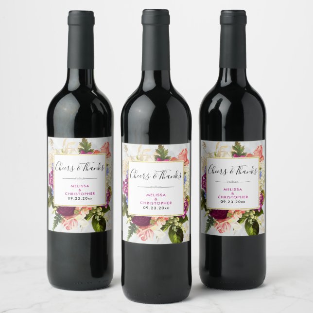 Modern Pink & White Watercolor Florals Wedding Wine Label (Bottles)