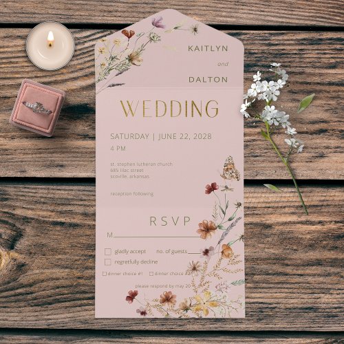 Modern Pink Wildflower Bouquet Dinner All In One Invitation