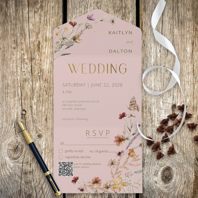 Modern Pink Wildflower Bouquet QR Code All In One Invitation (Creator Uploaded)