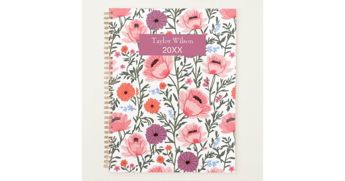 Pink Card Labels Modern Pink Wildflowers with Name Planner | Zazzle