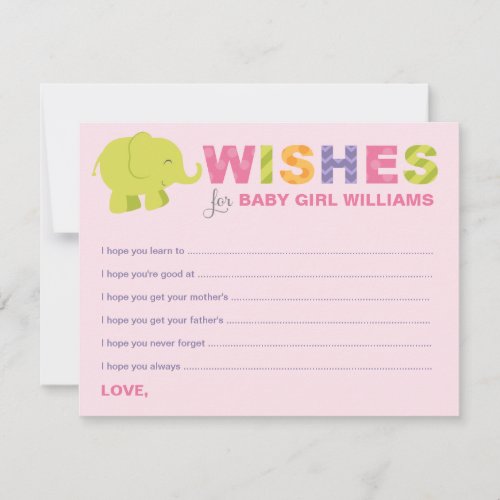Modern Pink Wishes for Baby Girl Elephant Shower Advice Card