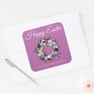 Modern Pink Wreath Happy Easter Square Sticker