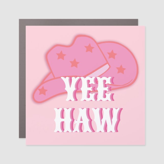 Modern Pink Yee Haw Cowgirl Cowboy Hat Rodeo Car Magnet (Front)