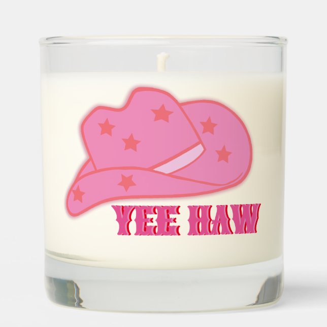 Modern Pink Yee Haw Cowgirl Cowboy Hat Rodeo Scented Candle (Front)