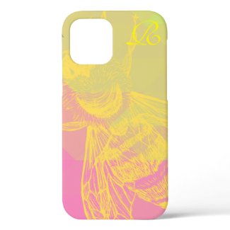 Modern Pink Yellow Bee and Monogram iPhone 12 Case