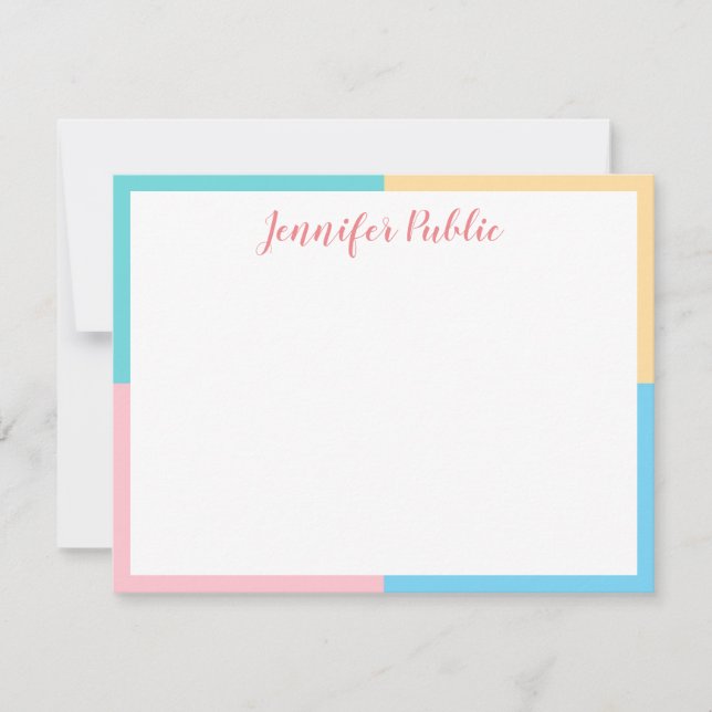 Modern Pink Yellow Blue Green Handwriting Script Note Card (Front)