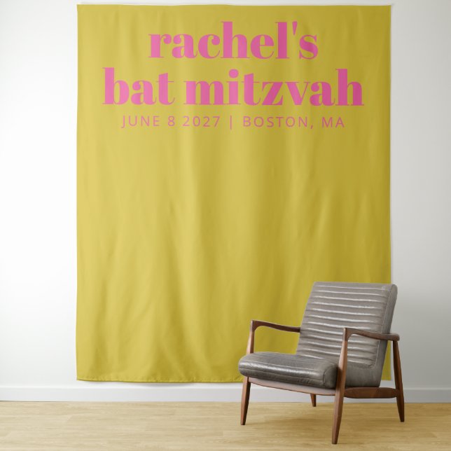 Modern Pink Yellow Cute Bat Mitzvah Photo Backdrop (In Situ)