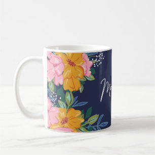 Modern Pink & Yellow Floral Arrangement Monogram Coffee Mug