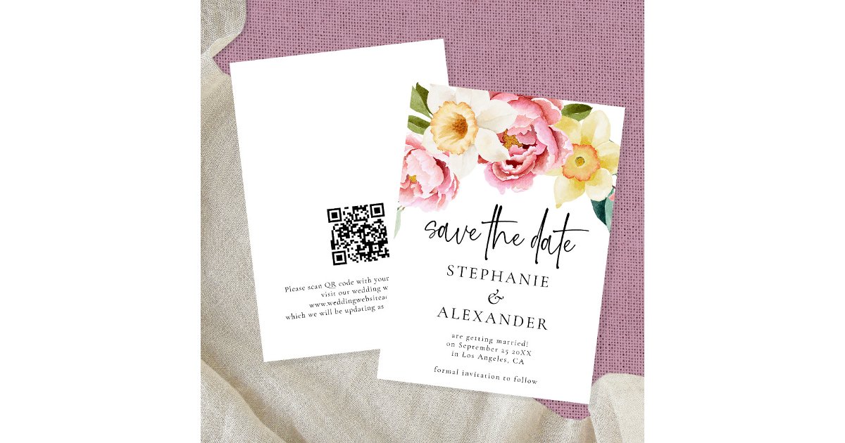 Answer Booklet Script Qr Code Photo Modern Pink Yellow Florals Script QR Code Wedding Save The Date | Zazzle