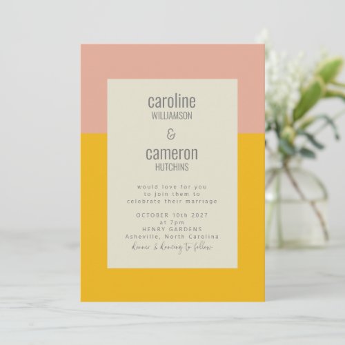 Modern Pink Yellow Geometric Typography Wedding Invitation