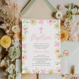 Modern Pink Yellow Girls Spring Floral Baptism Invitation