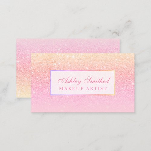 Modern pink yellow glitter sunset ombre makeup business card