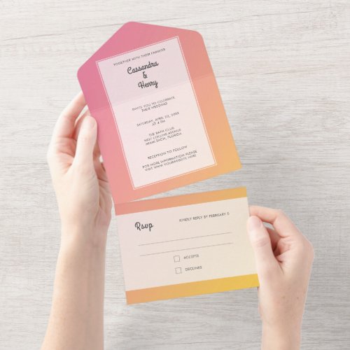 Modern Pink Yellow Gradient Ombr Wedding All In One Invitation