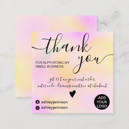 Modern pink yellow gradient order thank you square business card