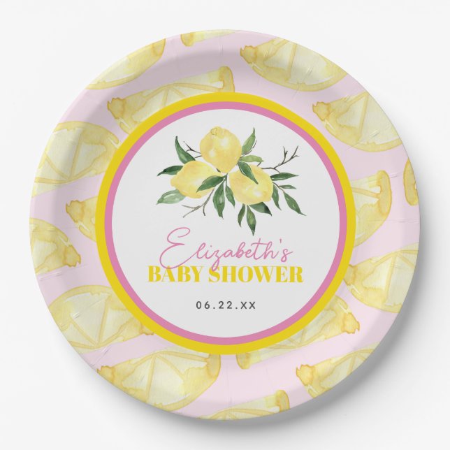 Modern Pink Yellow Lemon Print Paper Plates (Front)
