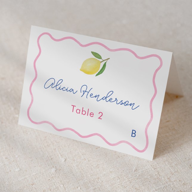 Modern Pink Yellow Lemon Wedding Place Card (Citrus Modern squiggle pink border with lemon scallop design on reverse individual place card)