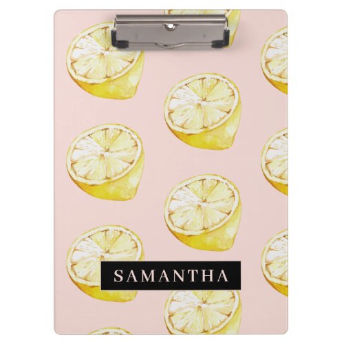 Modern Pink   Yellow Lemons Pattern With Name Clipboard