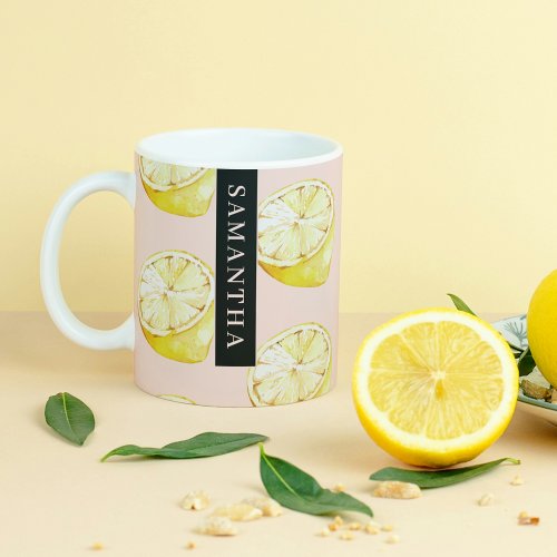 Modern Pink   Yellow Lemons Pattern With Name Coffee Mug